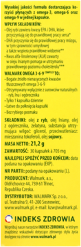 Żółte opakowanie Walmark Omega 3-6-9, tył produktu z informacjami o składzie i dawkowaniu.