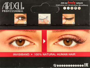 Tył opakowania Ardell Professional sztucznych rzęs: instrukcje, efekt przed i po, INVISIBAND, 100% NATURAL HUMAN HAIR.
