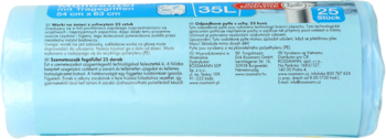 Tył niebieskiego opakowania worków na śmieci z uchwytem 35L, 25 sztuk, tekst o pochłaniaczu zapachów.