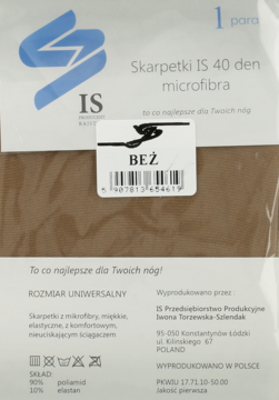 Opakowanie beżowych skarpetek IS 40 den microfibra, widok z przodu. Informacje o rozmiarze uniwersalnym.