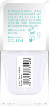 Tył białej odżywki do paznokci WIBO 9in1 Argan Power, z etykietą, kodem kreskowym i tekstem w wielu językach.