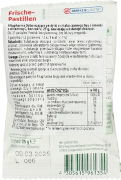 Tył opakowania Altapharma Frische-Pastillen bez cukru, smak czarnego bzu i limonki, z czytelną datą ważności.