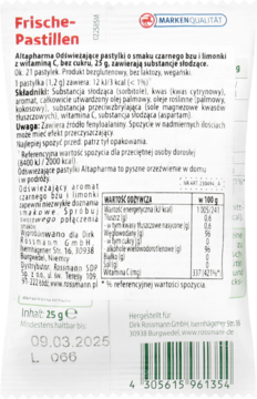 Tył opakowania Altapharma Odświeżające Pastylki cytryna-pomelo 25g, biało-zielone, z tabelą i kodem kreskowym.