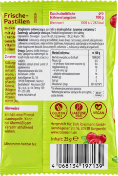 Tył zielonej torebki pastylek Altapharma Jabłko i Żurawina, z tabelą wartości odżywczych i certyfikatami.