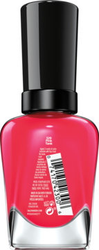Tył czerwonego lakieru Sally Hansen Miracle Gel 220 Pink Tank. Butelka z czarną nakrętką i kodem kreskowym.