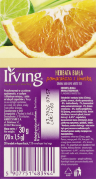 Tył fioletowego opakowania herbaty Irving Biała pomarańcza z limetką, 30g, z widoczną datą ważności.