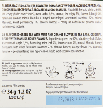 LOYD ,herbata zielona aromatyzowana z miętą i kwiatem pomarańczy oraz z aromatem miodu Manuka,tył