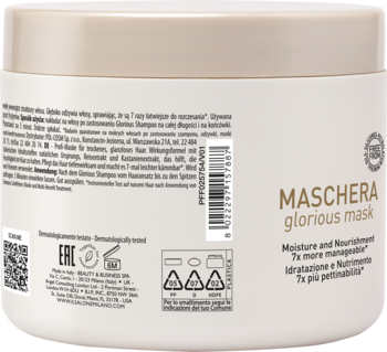 Tył kremowej maski Maschera Glorious Mask dla włosów suchych i matowych, 7x łatwiej układanych.