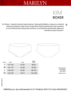 Białe bokserki Marilyn Kim Boxer. Rysunki przodu i tyłu bielizny laserowo ciętej, bez szwów, z tabelą rozmiarów.