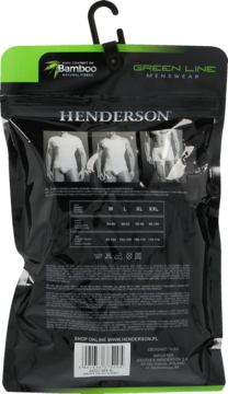 Tył czarnej torebki z bokserkami męskimi Henderson z bambusa. Widoczny rozmiar M-XXL i zdjęcia modeli.