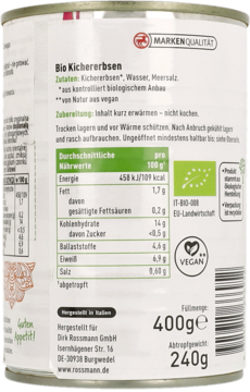 Tylna etykieta puszki ekologicznej ciecierzycy Bio Kichererbsen, widoczne dane żywieniowe i waga 400g.