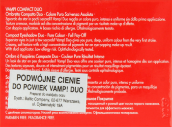 Tył czerwonego opakowania cieni Pupa Vamp! Duo z białą naklejką, na której widnieje polski opis produktu.