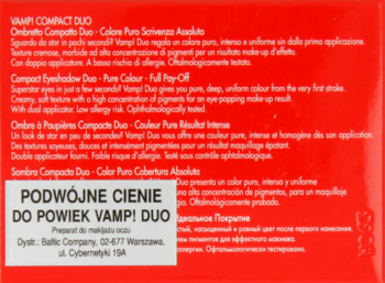 Tył czerwonego opakowania Pupa Vamp! Duo, podwójne cienie do powiek, z białym tekstem i polską naklejką.