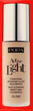 PUPA Active Light beztłuszczowy podkład w beżowej butelce z srebrną nakrętką, widok z przodu.