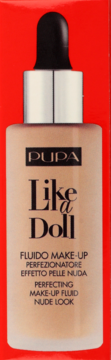 PUPA Like a Doll, podkład perfekcyjny, beżowa butelka z pipetą i srebrnym kołnierzem, widok z przodu.
