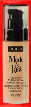 Beige PUPA Made to Last oil-free foundation bottle with black pump and clear cap, front view on red.