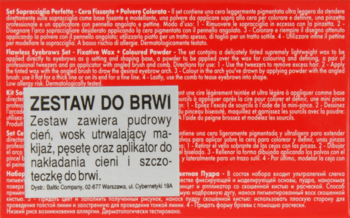 Czerwone opakowanie zestawu Pupa do brwi, z bliska, z białym tekstem, polski opis: puder, wosk, pęseta.