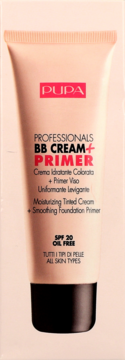 PUPA BB Cream + Primer SPF 20, nawilżający krem koloryzujący w brzoskwiniowej tubce, widok z przodu.