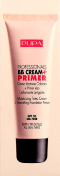 PUPA Professionals BB Cream + Primer SPF 20 w jasnoróżowej tubce z czarną zakrętką, widok z przodu.