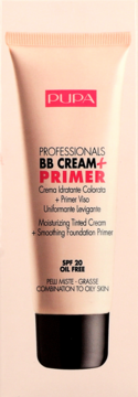 PUPA BB Cream + Primer SPF 20 do cery mieszanej i tłustej, beżowa tubka z czarną nakrętką, widok z przodu.