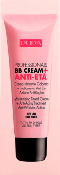 Różowa tubka PUPA BB Cream Anti-Età SPF 30, krem BB nawilżający i przeciwstarzeniowy, widok z przodu.