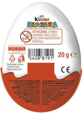 KINDER Niespodzianka ,jajko z niespodzianką, pokryte czekoladą mleczną,tył