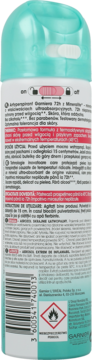 Tył antyperspirantu Garnier 72h z Mineralite, zielono-biała puszka, widoczne etykiety, kod kreskowy i symbol łatwopalności.