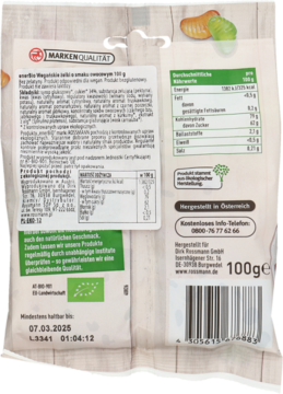 Tył opakowania wegańskich żelków owocowych enerBiO, z informacjami o składzie bez żelatyny i glutenu.