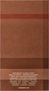 Tył opakowania Burberry London for Men w brązową kratę, z czytelną listą składników.