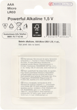 Tył opakowania baterii alkalicznych AAA LR03 1.5V (4 szt.), z tekstem informacyjnym i kodem kreskowym.