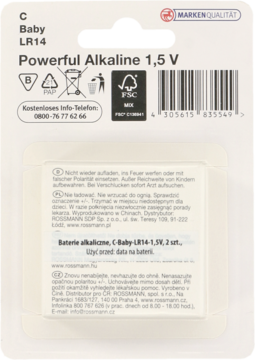 Tył opakowania baterii alkalicznych C Baby LR14 1,5V, białe z kodem kreskowym i ostrzeżeniami.