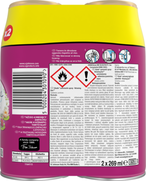 Tył dwupaku zapasu Glade Relaxing Zen, purpurowo-żółte opakowanie z kodem kreskowym, ostrzeżeniami i opisami.