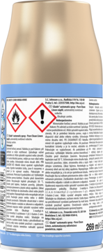 Glade automatic spray Pure Clean Linen zapas, tył puszki z etykietą, symbolami zagrożenia i tekstem, 269 ml.