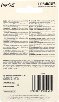 Tył opakowania balsamu do ust Lip Smacker Coca-Cola z listą składników i kodem kreskowym.