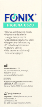Opakowanie Fonix Higiena Uszu, beżowe z niebieskim logo i zielonym paskiem, opisujące usuwanie woskowiny. Widok przód.
