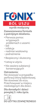 Etykieta preparatu Fonix Ból Uszu na ból i infekcje ucha, białe tło, logo, czarne napisy informacyjne.