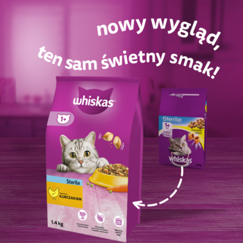 Whiskas Sterile karma dla kotów wysterylizowanych, fioletowa torba z kotem, nowy wygląd opakowania.