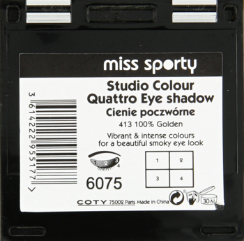 Tył czarnego opakowania cieni Miss Sporty Studio Colour Quattro Eye Shadow 413 Golden z kodem kreskowym.