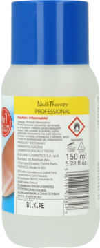 Tył przezroczystej butelki bezacetonowego zmywacza Eveline Nail Therapy 150ml z żółtą etykietą i symbolem ognia.
