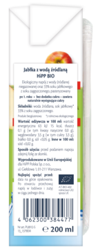 HIPP BIO od pokoleń ,napój z wody źródlanej oraz soku jabłkowego, po 1. roku życia,tył