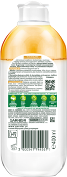 Tył butelki Garnier Płyn Micelarny z olejkiem 400ml, dwufazowy, z polskim opisem i kodem kreskowym.
