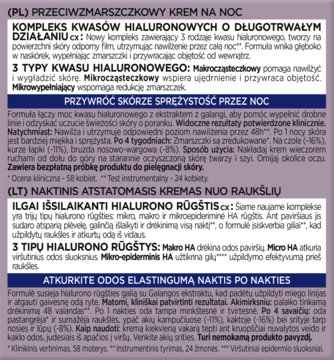 Etykieta kremu przeciwzmarszczkowego na noc z 3 typami kwasu hialuronowego, w języku PL/LT, fioletowa.