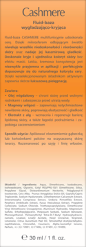 Tył opakowania podkładu Cashmere Fluid-baza wygładzająco-kryjąca, z listą składników i pojemnością 30ml.