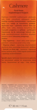 Pomarańczowe pudełko Cashmere Fluid-baza wygładzająco-kryjąca, front, polski tekst i skład.