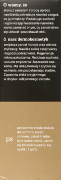 Panel tekstowy o kosmetyku do brody i pielęgnacji skóry, na szarym tle z beżowym fragmentem.