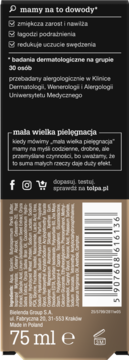 Tył beżowego opakowania tołpa 75ml, zmiękczającego zarost, nawilżającego i łagodzącego podrażnienia.