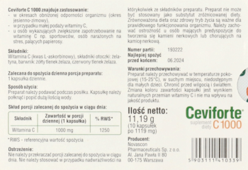 Tył opakowania Ceviforte C1000 z informacjami o zastosowaniu, składnikach i dawkowaniu, widok z bliska.