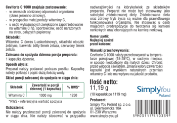 Tył opakowania Ceviforte C1000, suplementu z witaminą C. Białe tło, czarny tekst z informacjami o zastosowaniu i składzie.