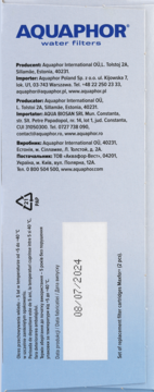 Tył biało-niebieskiego opakowania filtrów wody Aquaphor Maxfor, widoczne dane producenta i data produkcji 08/07/2024.