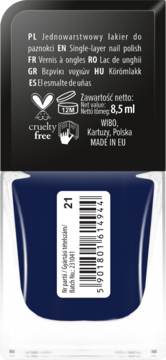 Ciemnoniebieski lakier Wibo 1 Coat Manicure nr 21, tył butelki z informacjami o cruelty-free, 8.5 ml i kodem.